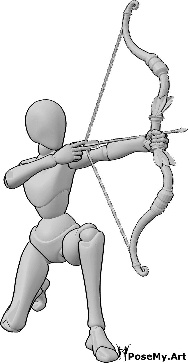 Referencia de poses- Mujer arrodillada disparando con arco - Mujer arrodillada apuntando con su arco