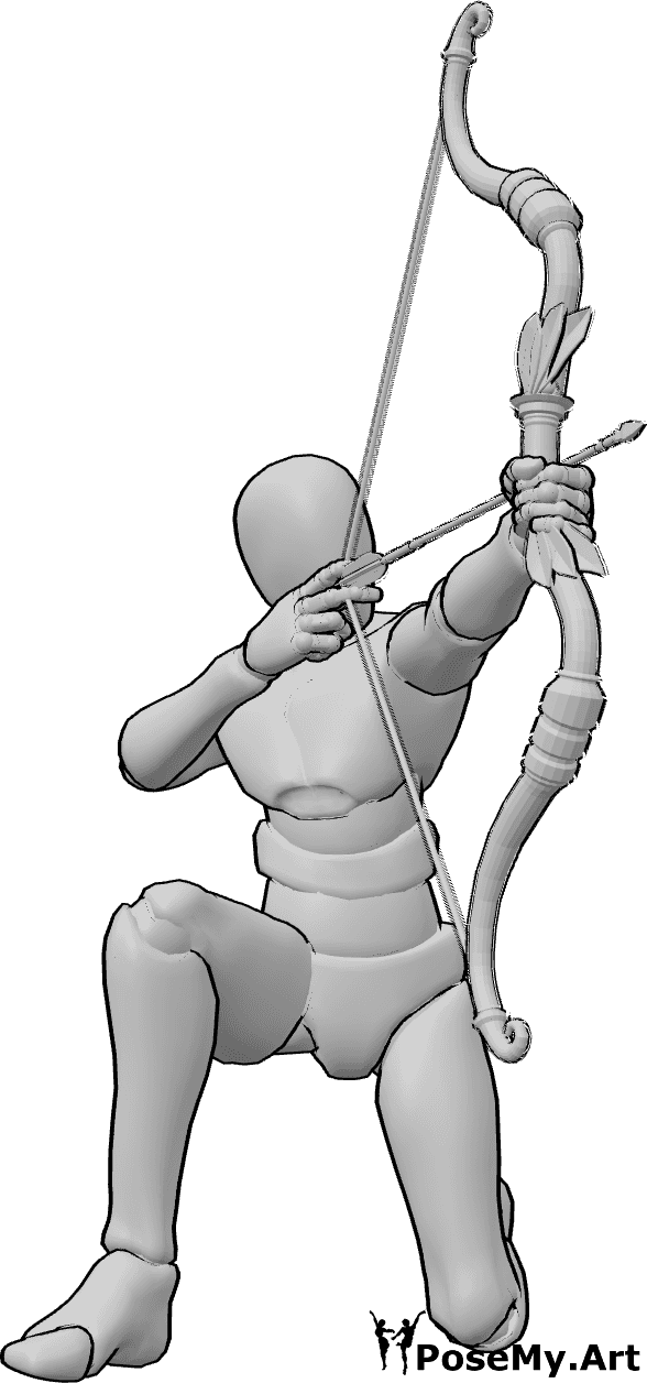 Posen-Referenz- Männlich kniend schießen Bogen Pose - Männchen kniet und spannt seinen Bogen