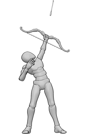 Posen-Referenz- Aufwärts schießende Bogenpose - Männchen steht und zielt mit seinem Bogen nach oben, schießt nach oben Pose