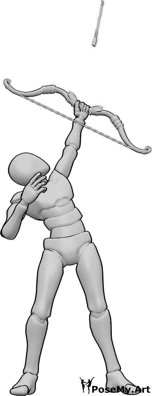 Posen-Referenz- Aufwärts schießende Bogenpose - Männchen steht und zielt mit seinem Bogen nach oben, schießt nach oben Pose