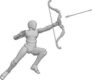 Posen-Referenz- Dynamische Pfeilabschusspose - Männchen springt und schießt seitwärts mit seinem Bogen