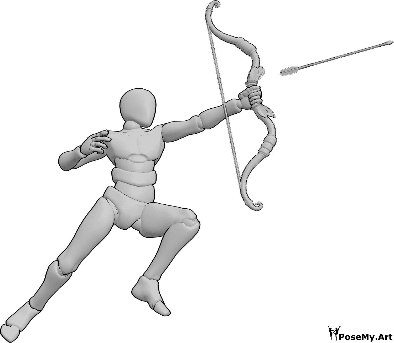 Pose Reference- Dynamic arrow release pose - Male is jumping and shooting sideways with his bow