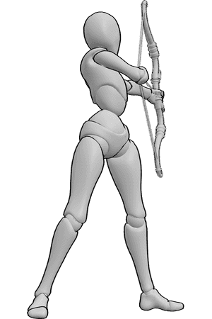 Posen-Referenz- Rückwärts schießende Bogenpose - Die Frau steht und zielt mit ihrem Bogen nach hinten