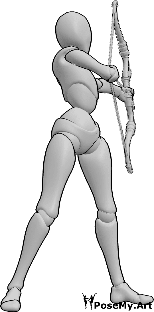 Pose Reference- Backwards shooting bow pose - Female is standing and aiming her bow backwards