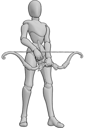 Posen-Referenz- Pfeil bereit Pose - Die Frau ist angriffsbereit und hält Pfeil und Bogen