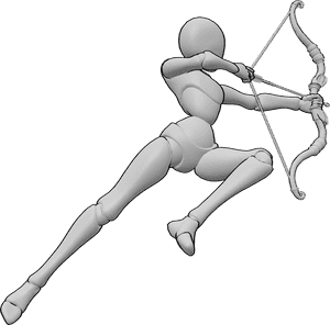 Posen-Referenz- Weibliche Bogensprung-Pose - Die Frau springt hoch und schießt mit ihrem Bogen