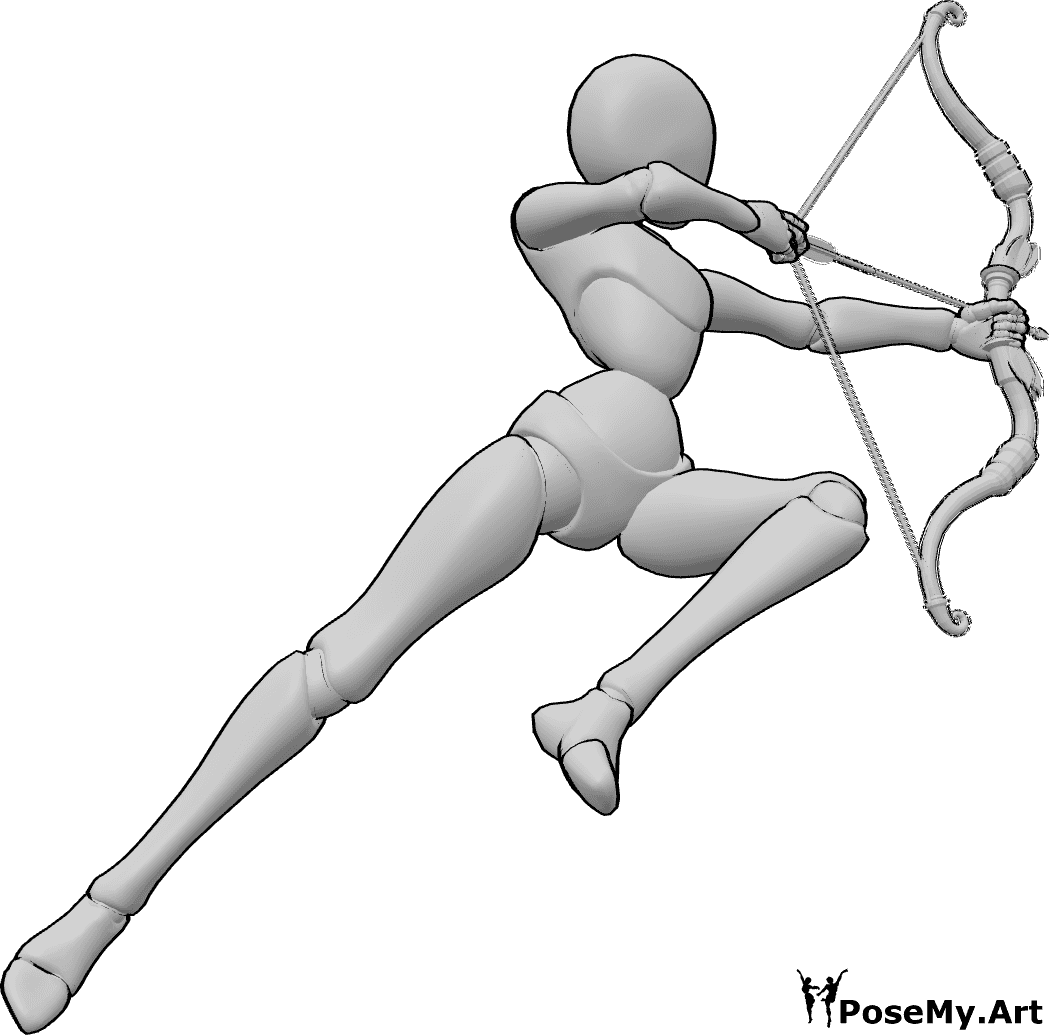 Pose Reference- Female bow jumping pose - Female is jumping high and shooting with her bow