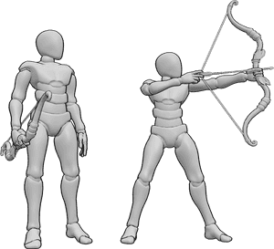 Posen-Referenz- Seitliches Zielen Bogenschießen Haltung Pose - Zwei männliche Bogenschützen stehen, einer schießt seinen Bogen seitwärts