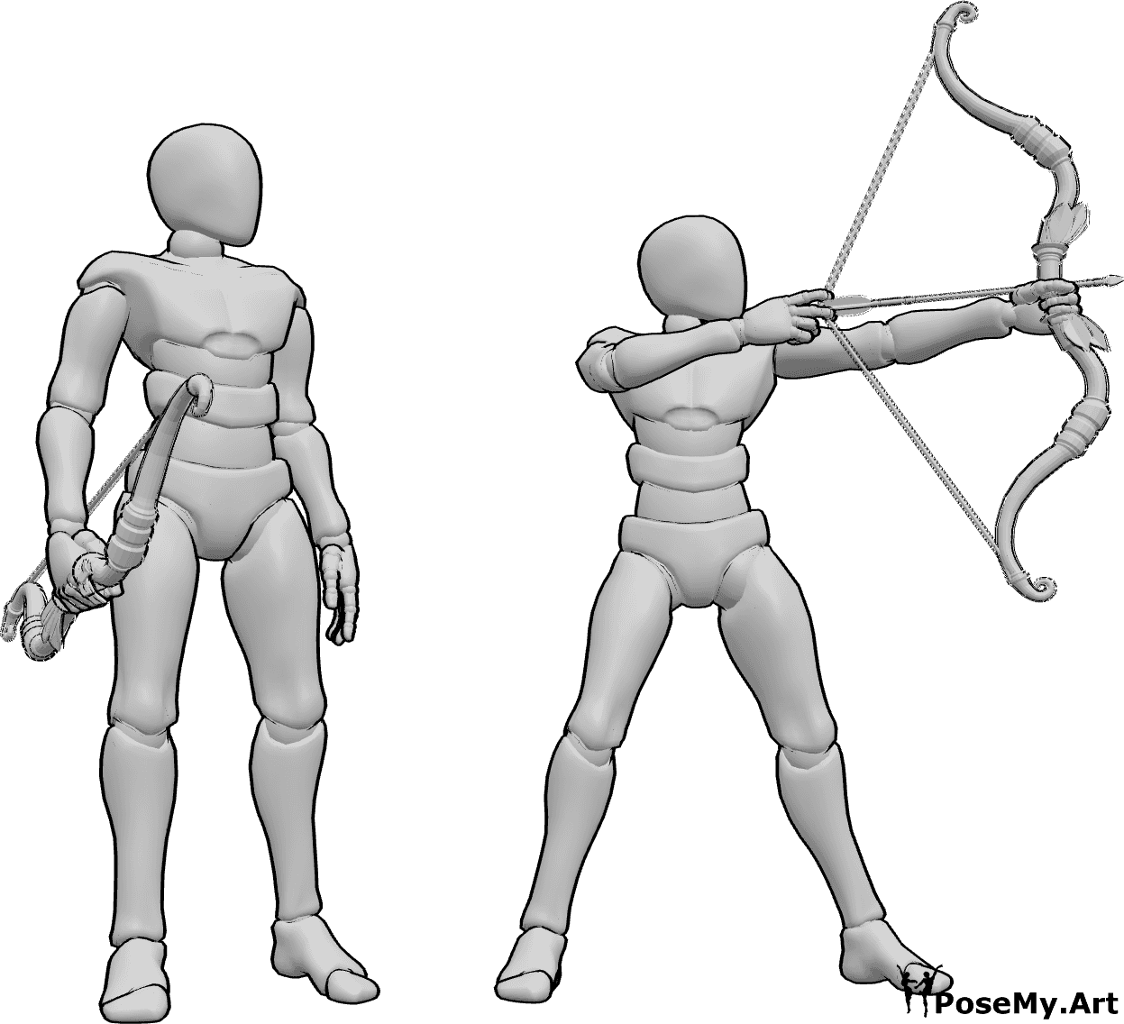 Pose Reference- Side aiming archery stance pose - Two male archers are standing, one is shooting his bow sideways