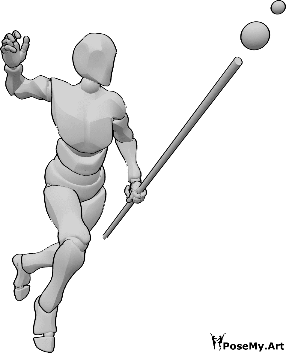 Referencia de poses- Mago masculino en pose de ataque - Mago masculino flotando en el aire, lanzando un hechizo con la mano derecha y sosteniendo un cetro con la izquierda.