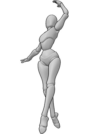 Referencia de poses- Bailarina bailando con la mano levantada - La bailarina se pone de puntillas y levanta con elegancia la mano izquierda en alto