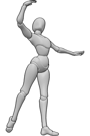 Referencia de poses- Postura de bailarina hacia arriba - La bailarina está de pie con elegancia y estira la mano derecha hacia arriba