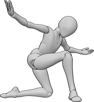 Referencia de poses- Postura de bailarina - La bailarina hace una elegante reverencia, levanta las manos, mira hacia abajo