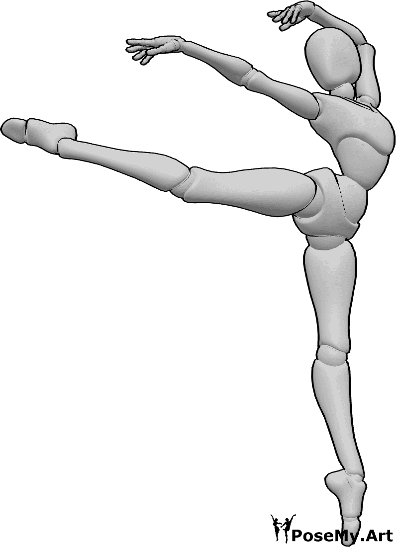 Posen-Referenz- Arabeske Pose - Die Ballerina balanciert auf einem Bein und streckt das andere Bein gerade nach hinten.