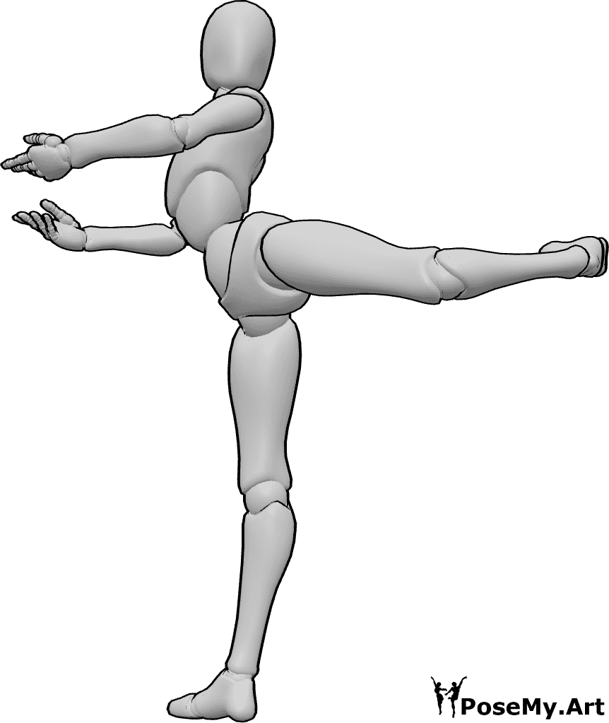 Pose Reference- Attitude derriere pose - Ballerina is standing on one leg, the other lifted back with a bent knee, arms in soft curves