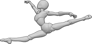 Referencia de poses- Grande jete pose - Postura de bailarina a medio salto, ambas piernas completamente extendidas en una división
