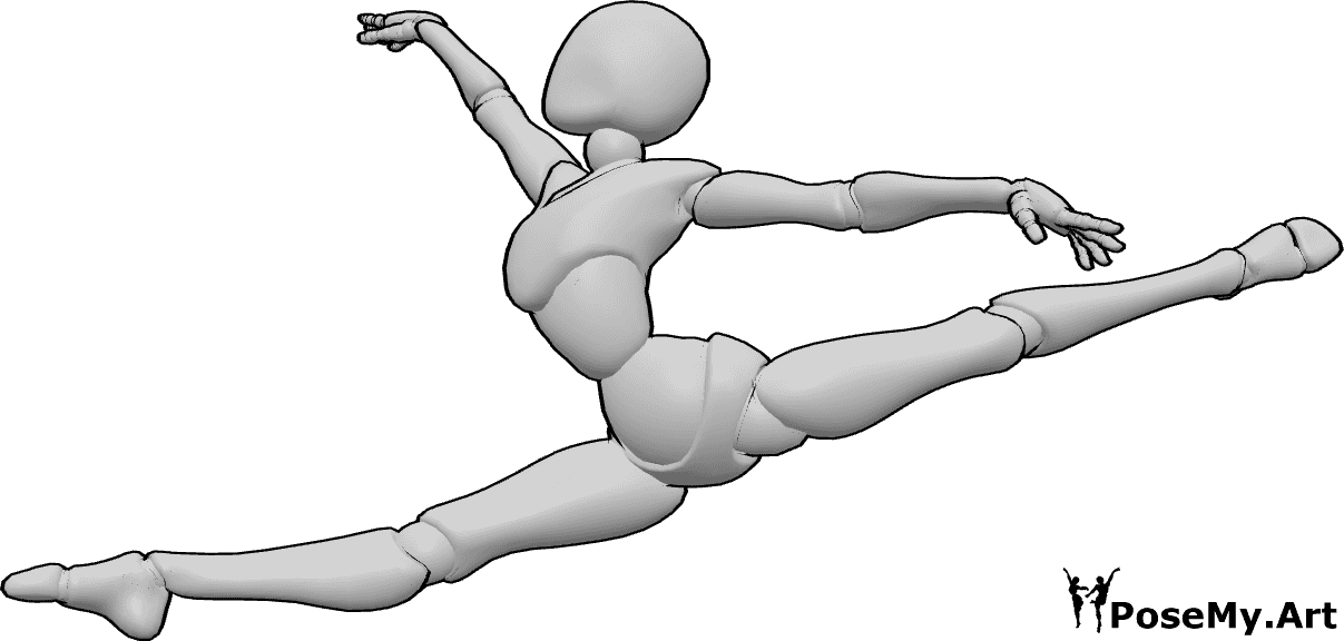 Pose Reference- Grande jete pose - Ballerina mid-leap pose, both legs extended fully in a split