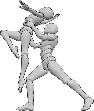 Referencia de poses- Postura de bailarina - El hombre levanta a la bailarina, la bailarina baila con gracia, mirando hacia arriba.