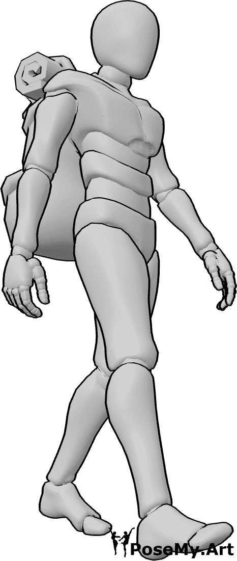 Pose Reference- Male walking wearing backpack pose - Male is walking casually, wearing a huge backpack