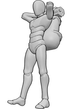 Referência de poses- Pose das alças da mochila - Homem de pé, com uma mochila às costas, segurando as alças da mochila, olhando ligeiramente para a esquerda