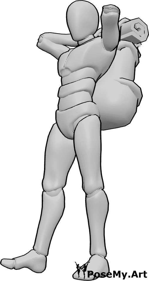 Pose Reference- Holding backpack straps pose - Male is standing, wearing a backpack, holding the backpack straps, looking slightly to the left