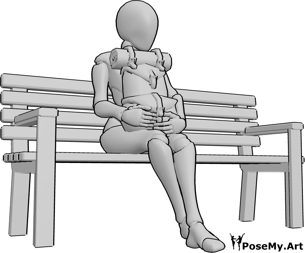 Pose Reference- Female sitting holding backpack pose - Female is sitting on the bench and holding her backpack