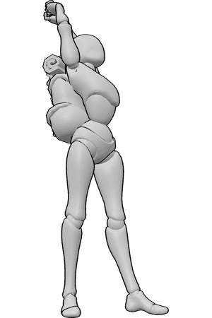 Referência de poses- Usar mochila pose de alongamento - Mulher de pé, com uma mochila às costas e a esticar os braços