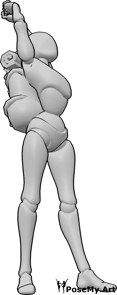 Pose Reference- Wearing backpack stretching pose - Female is standing, wearing a backpack and stretching her arms
