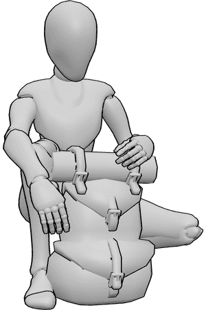 Referência de poses- Postura de agachamento com a mochila às costas - A mulher está agachada, descansando, segurando a mochila, à procura de algo