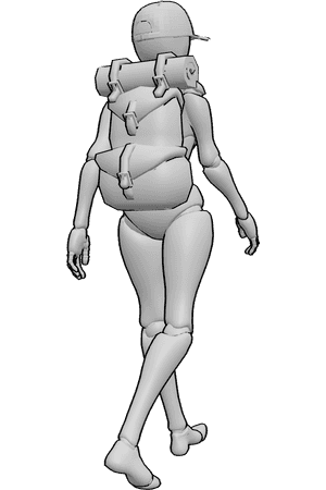 Referência de poses- Mulher a caminhar com pose de mochila - Mulher a caminhar casualmente, com uma mochila e um boné de basebol