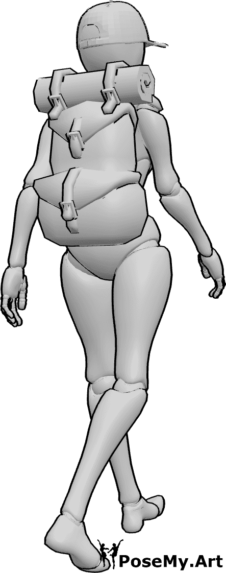 Pose Reference- Female walking wearing backpack pose - Female is walking casually, wearing a backpack and a baseball cap