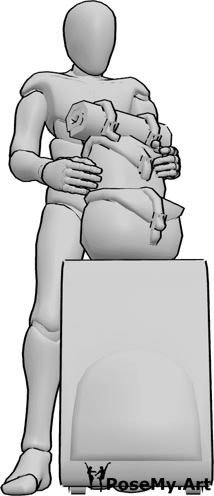 Pose Reference- Male holding backpack pose - Male is standing, holding his backpack which is on his suitcase