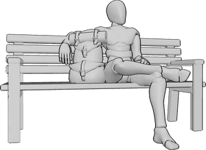 Referência de poses- Homem sentado em pose de mochila - O homem está sentado confortavelmente no banco, com a mochila ao lado