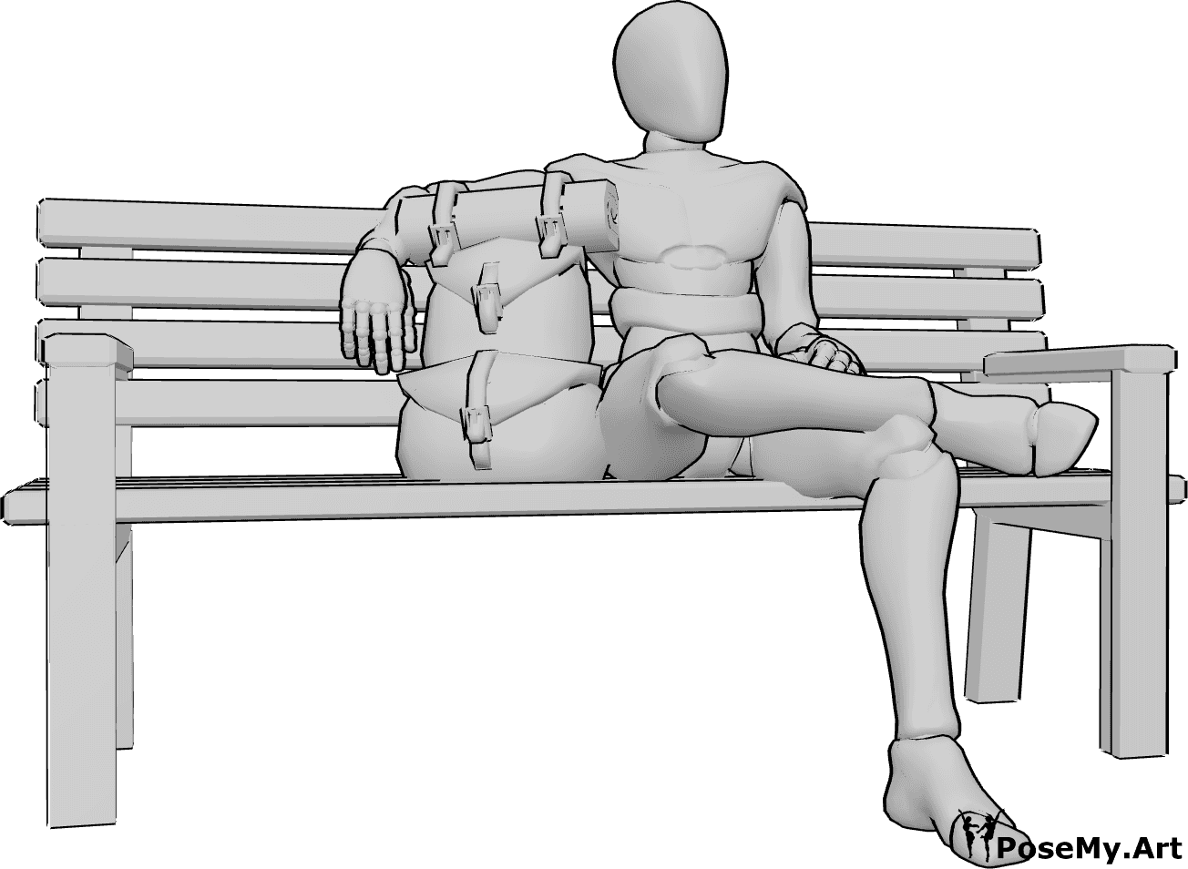 Pose Reference- Male sitting backpack pose - Male is sitting on the bench comfortably, his backpack is next to him