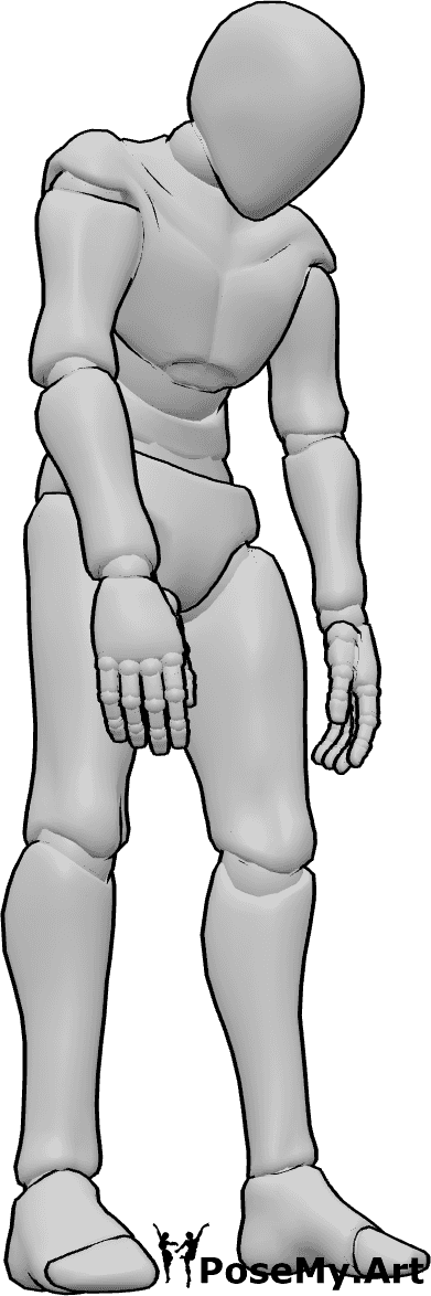 Pose Reference- Standing slump pose - Male is standing, his arms are hanging limp, his head drooping forward, sad male pose