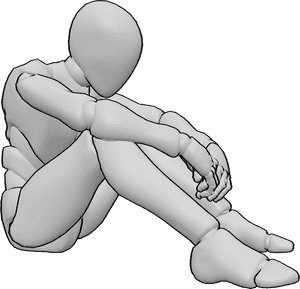 Référence des poses- Posture assise et courbée au sol - L'homme est assis sur le sol, penché en avant, les épaules voûtées, les mains jointes.