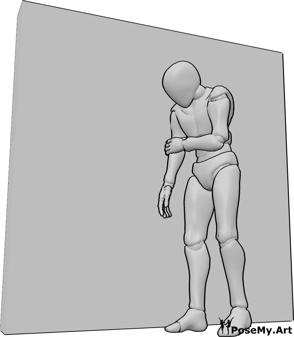 Referência de poses- Pose de parede inclinada - O homem está de pé, encostado a uma parede, com os ombros para a frente e a cabeça inclinada para baixo