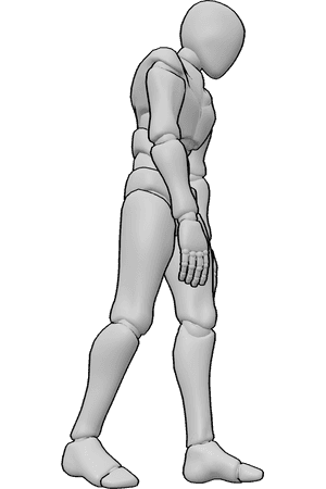 Référence des poses- Homme marchant en position d'affaissement - Homme posant à mi-pas avec le dos arrondi, les bras se balançant librement, pose de marche triste