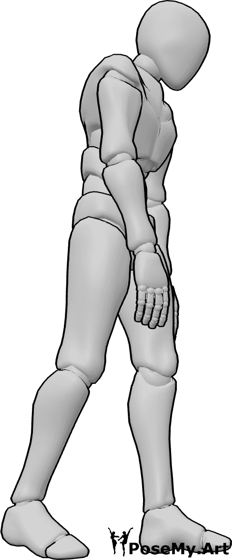 Pose Reference- Male walking slump pose - Male mid-step pose with rounded back, arms swinging loosely, sad walking pose