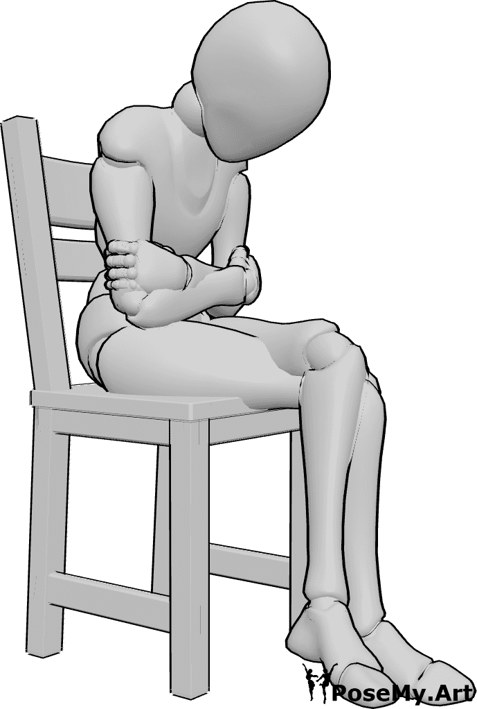 Pose Reference- Hunched cross-legged sitting pose - Sad female is sitting hunched on the chair with her arms and legs crossed, looking down
