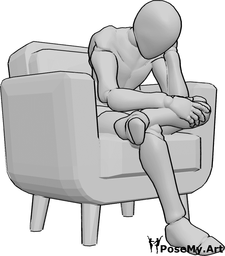 Referência de poses- Pose de poltrona sentada curvada - O homem triste está sentado encurvado no cadeirão, tem as pernas cruzadas e olha para baixo