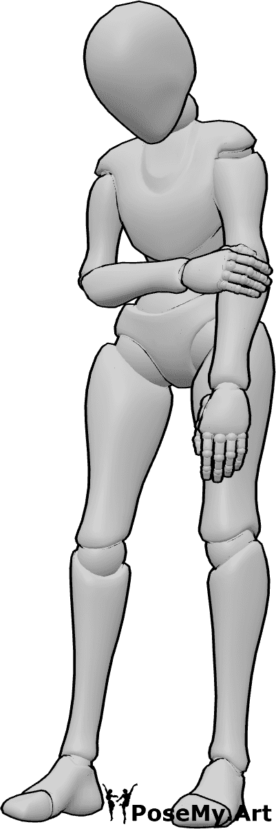 Referencia de poses- Mujer encorvada de pie - La mujer está de pie, encorvada, sujetándose el brazo y mirando hacia abajo.
