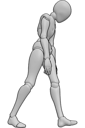 Référence des poses- Femme marchant en position d'affaissement - Pose féminine à mi-pas avec le dos arrondi, les bras se balançant librement, pose de marche triste