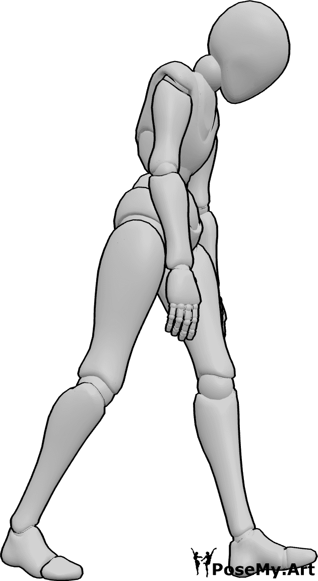 Referencia de poses- Mujer caminando pose - Postura femenina a medio paso con la espalda redondeada, los brazos balanceándose libremente, pose de caminar triste.
