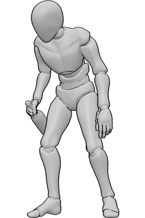 Référence des poses- Homme ivre, pose voûtée - Un homme ivre se tient debout, voûté, tenant une bouteille de vin dans sa main droite.