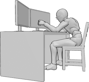 Référence des poses- Posture de travail assise et courbée - L'homme est assis sur la chaise de la table et travaille sur l'ordinateur.