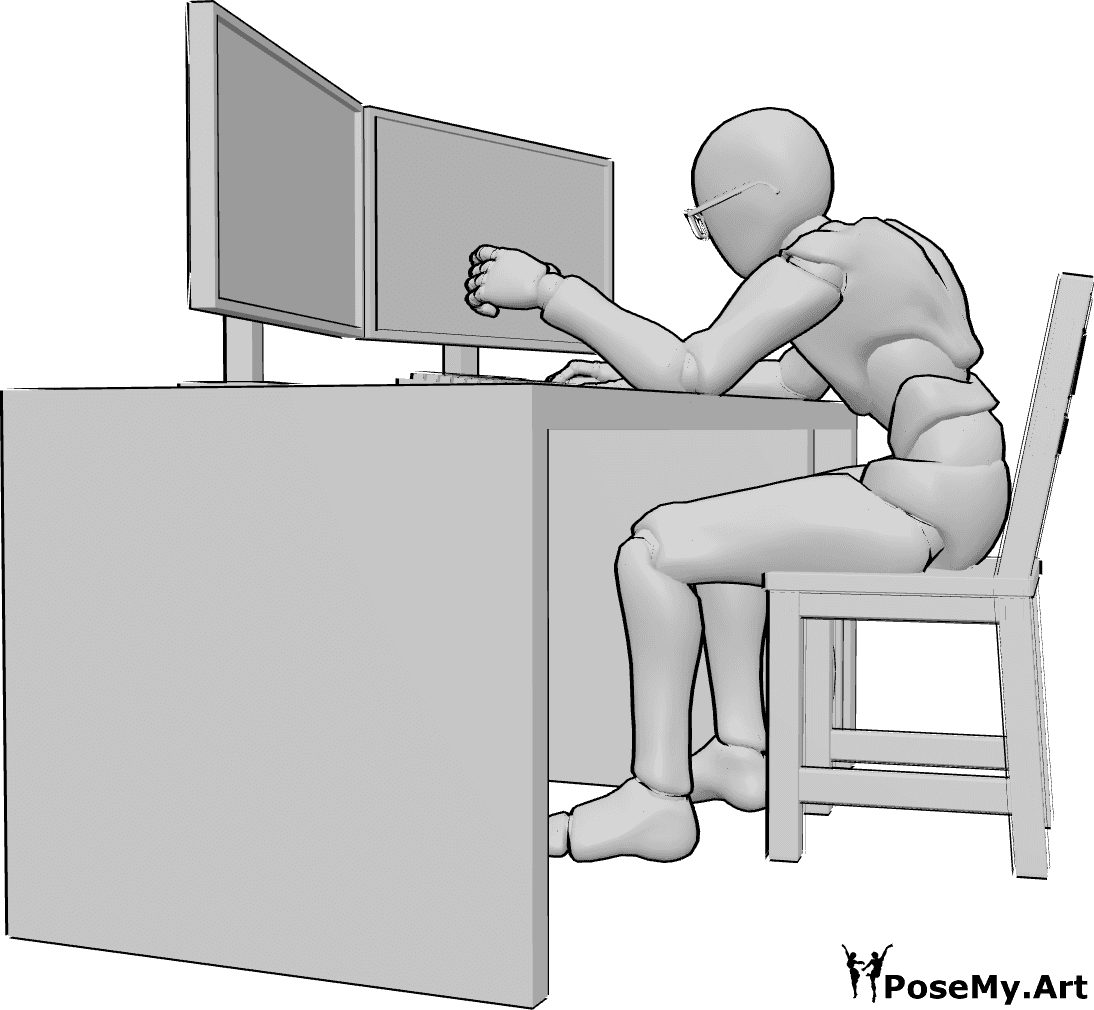 Pose Reference- Hunched sitting working pose - Male is sitting hunched on the chair at the table and working on the computer