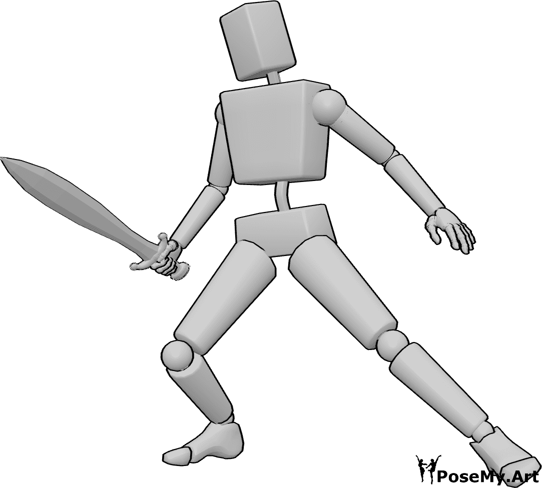 Pose Reference- Blocky bot figure sketch pose - Blocky bot is standing, ready to attack, holding a sword in his right hand