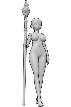 Referencia de poses- Anime curvy pose femenina boceto - Anime curvy female is standing, holding a wizard staff in her right hand