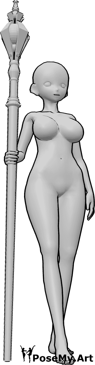 Referencia de poses- Anime curvy pose femenina boceto - Anime curvy female is standing, holding a wizard staff in her right hand